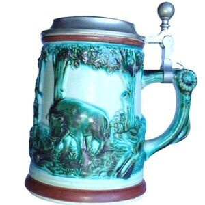 Vintage German Beer Stein Blue Green Glaze Hunter after Deer Hinged Pewter Lid